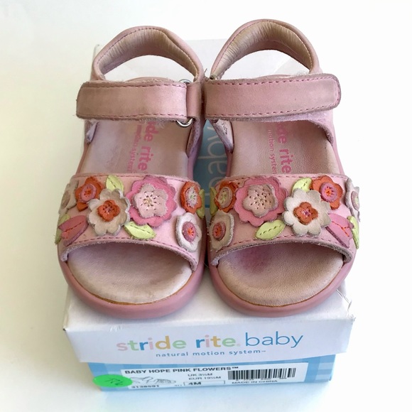 Stride Rite BABY LOVE Toddler Girl 4M Leather PINK FLORAL Velcro Sandals Shoes - Picture 1 of 9